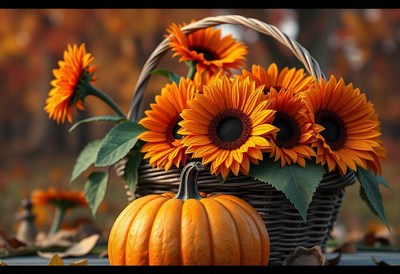 A basket of sunflowers and a pumpkin on a table