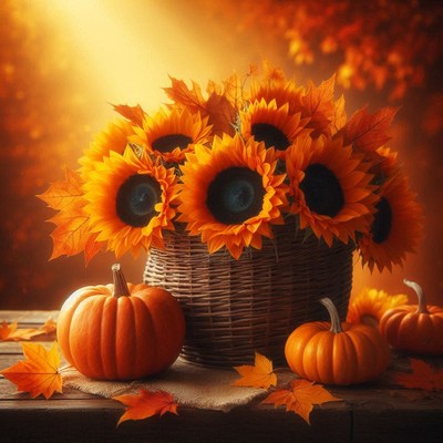 Sunflowers in a basket with pumpkins