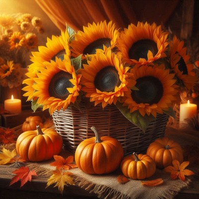 Sunflowers and pumpkins in a basket on a table