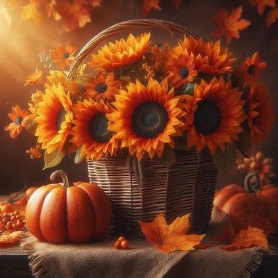 A basket of sunflowers and pumpkins on a table