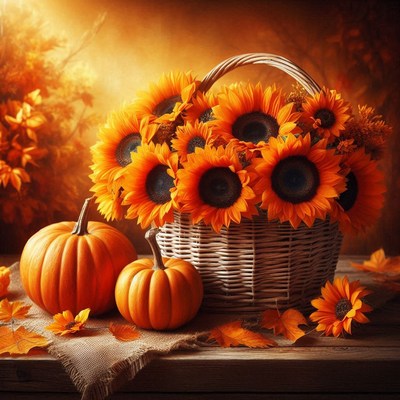 A basket of sunflowers and pumpkins on a table