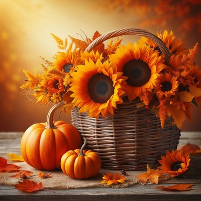 Sunflowers and pumpkins in a basket on a wooden table