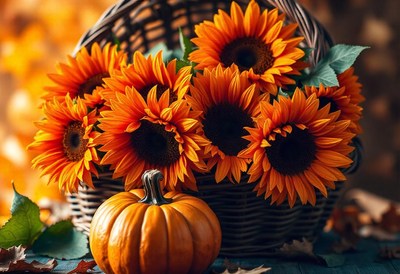 A basket of sunflowers and a pumpkin sit on a table
