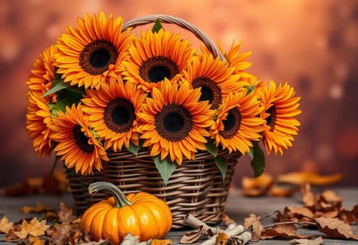 A basket of sunflowers sits on a table with fall leaves