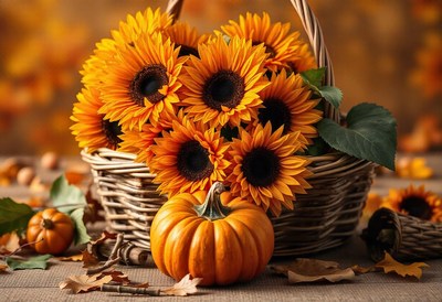 Sunflowers and a pumpkin in a basket, perfect for fall