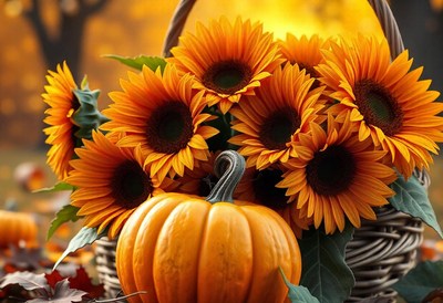 A pumpkin sits in a basket of sunflowers