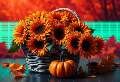 A basket of sunflowers and a pumpkin on a table