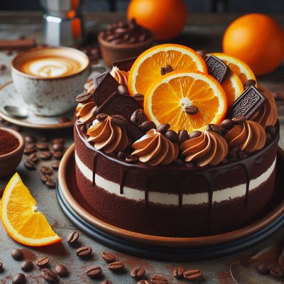 Chocolate cake with orange slices and coffee beans