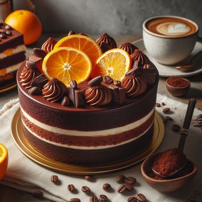 Chocolate cake with orange slices and coffee beans