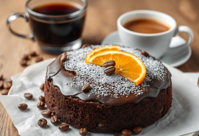 Chocolate cake with orange, powdered sugar, coffee