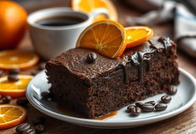 Brownie topped with orange slices and coffee beans