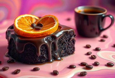 A chocolate cake with orange slice and coffee beans