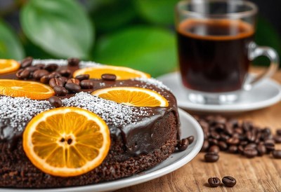 A chocolate cake with orange slices and coffee beans