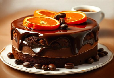 A chocolate cake with orange slices and coffee beans