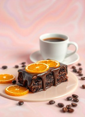 Chocolate cake with orange slices and coffee