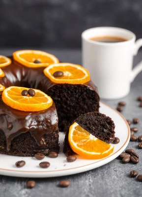 A slice of chocolate cake with orange and coffee beans