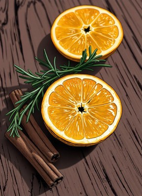 Orange slices, rosemary, and cinnamon on wood