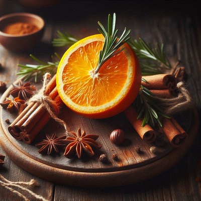 Orange slice with rosemary on a wood board
