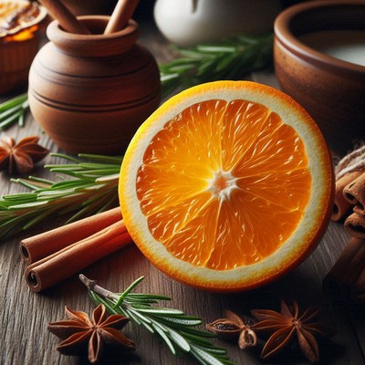 A halved orange rests on a rustic wooden surface