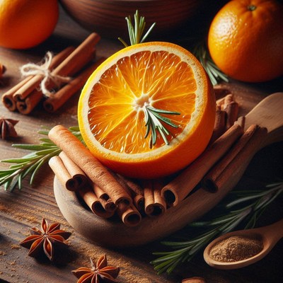 A sliced orange with rosemary sits on cinnamon sticks