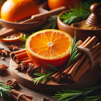 An orange, cinnamon sticks, and rosemary on a wooden surface