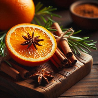 Orange slice with star anise and cinnamon sticks