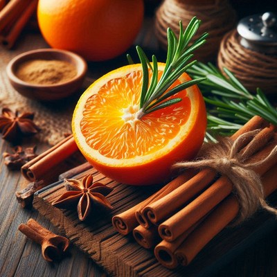 Orange slice, rosemary, and cinnamon on wood