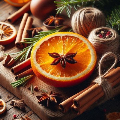An orange slice with star anise on a wooden board