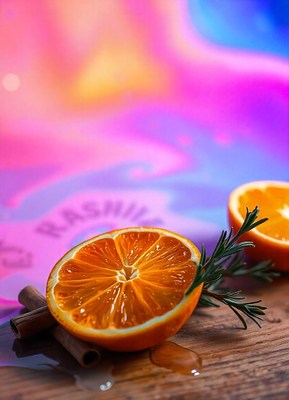 Juicy orange slice on wood, blurred background