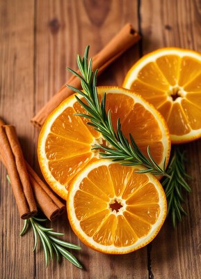 Wooden table with orange slices, cinnamon, rosemary