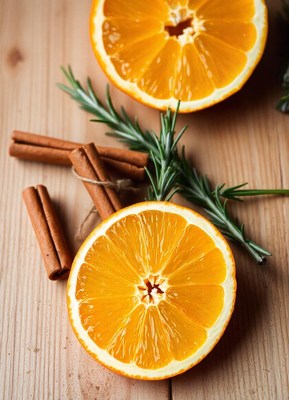 Orange slices and cinnamon sticks on a wooden table