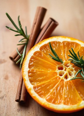 A slice of orange with cinnamon sticks and rosemary