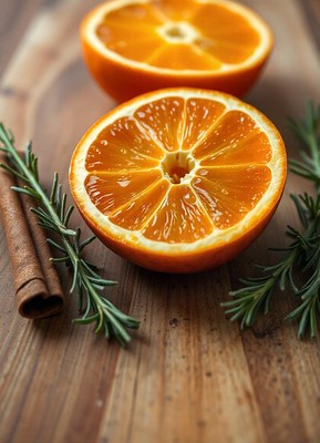 Two orange slices and rosemary on a wooden surface