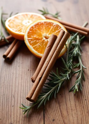 Cinnamon, orange, and rosemary on wood table