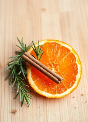 Orange slice, cinnamon sticks, and rosemary on wood