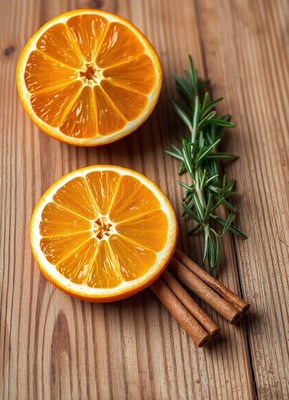 Orange slices, rosemary, and cinnamon on wood