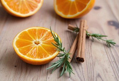 Orange slices, cinnamon, and rosemary on wood
