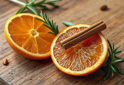 Orange slices with cinnamon and rosemary on a wooden table