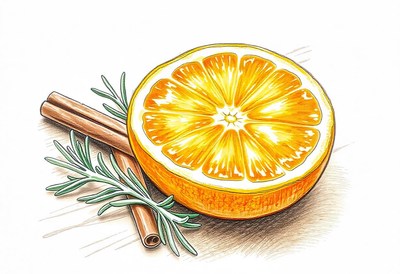 An orange slice, cinnamon sticks, and rosemary sprigs