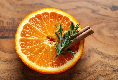 Sliced orange with cinnamon and rosemary on wood
