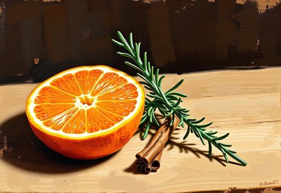 An orange, rosemary, and cinnamon on a wooden surface