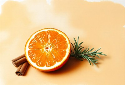 Halved orange, cinnamon sticks, and rosemary on tan