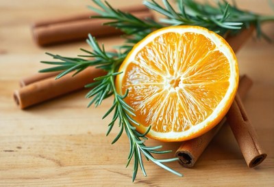 A single orange slice rests on a wooden surface