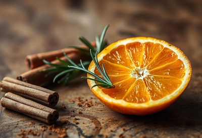 Sliced orange with rosemary and cinnamon on wood