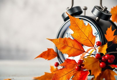 Fall leaves frame an old alarm clock