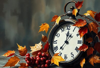A clock with fall leaves