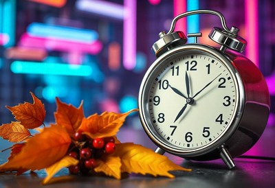A silver alarm clock sits on a table with fall leaves
