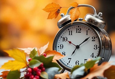 An alarm clock sits on fallen leaves in the autumn