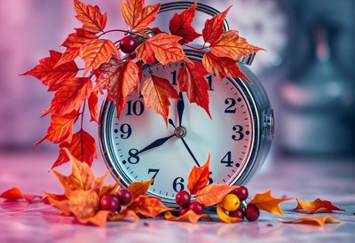 A silver alarm clock with red autumn leaves