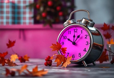 An alarm clock sits on a table with fall leaves